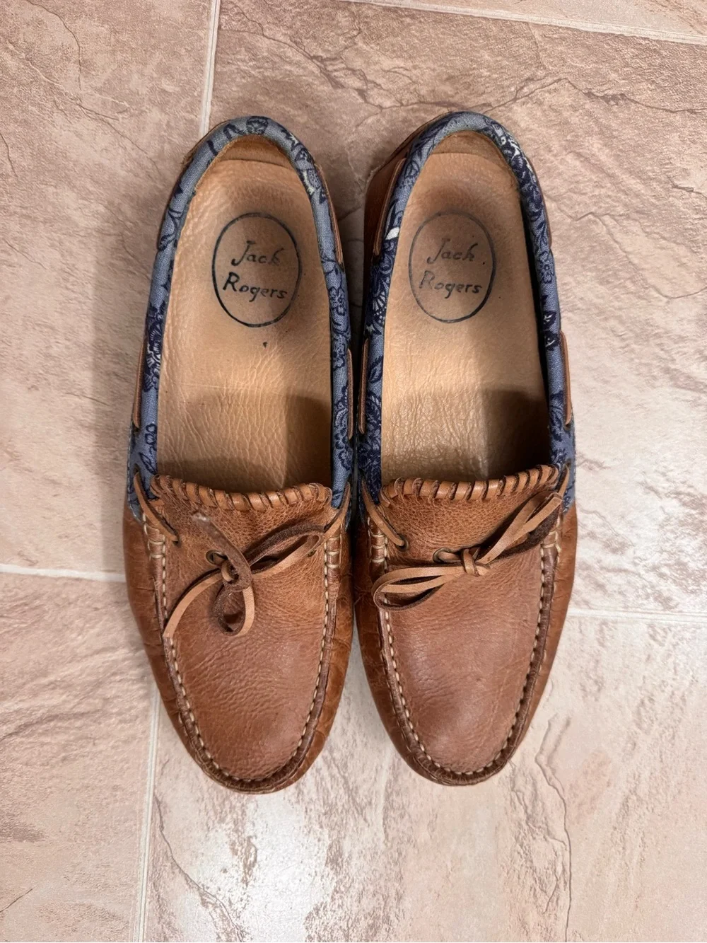 Jack Rogers Brown Leather Boat Moccasins with Blue Pattern Trim
